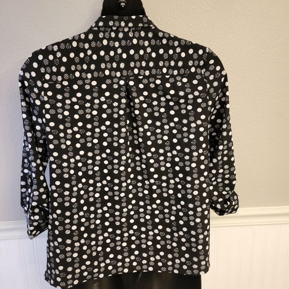 Black Notations Button Down White Polka Dot Dressy Blouse L - Picture 4 of 6